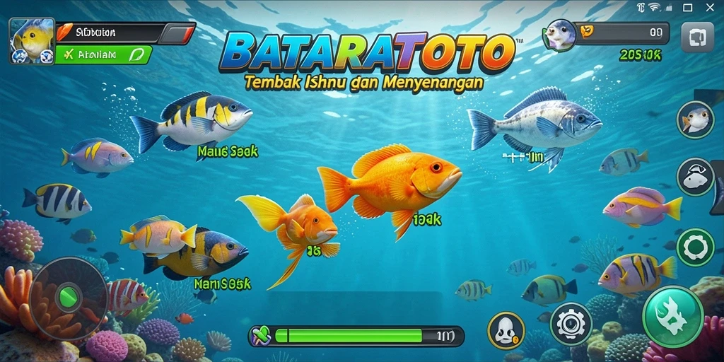 Screenshot gameplay BATARATOTO menunjukkan aksi menembak ikan yang mendebarkan.