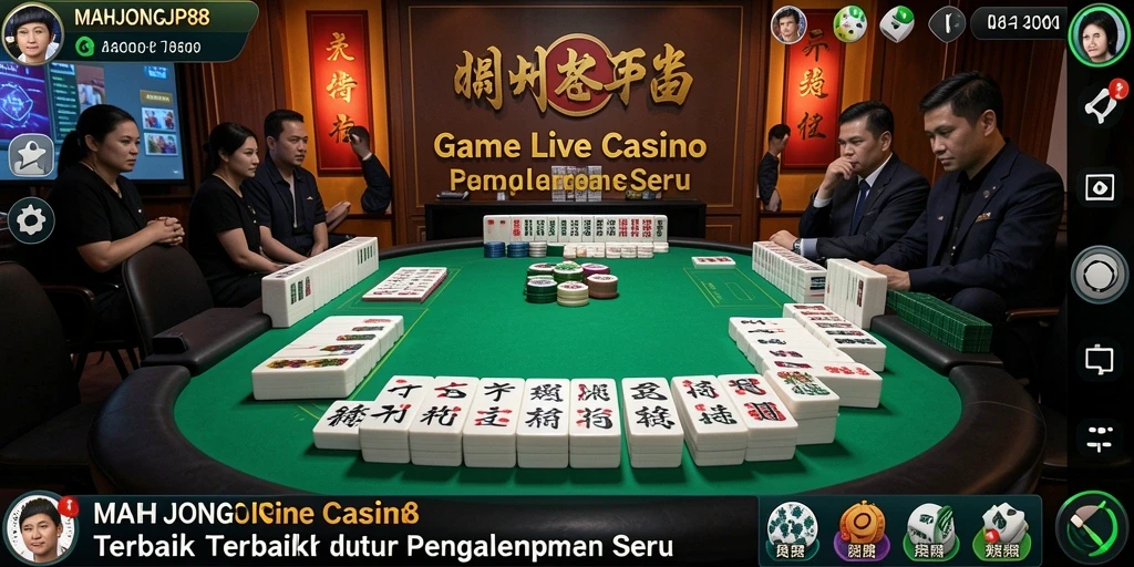 Screenshot MAHJONGJP88 menunjukkan dealer langsung dan permainan kasino seru.