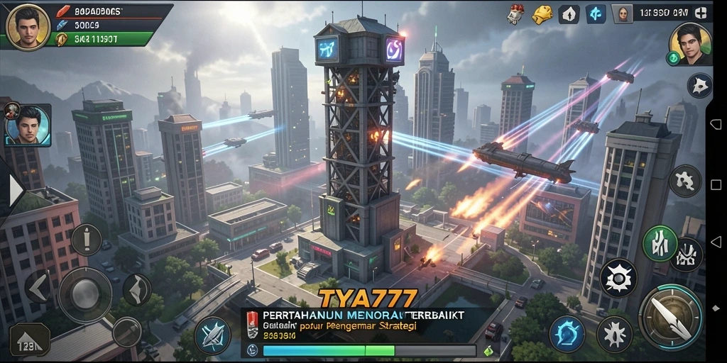 Screenshot gameplay TYA777 menampilkan menara yang siap bertahan.