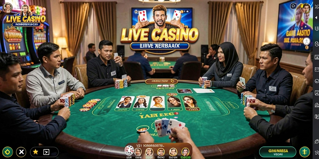 Screenshot gameplay V21 menampilkan dealer profesional dan suasana kasino langsung.